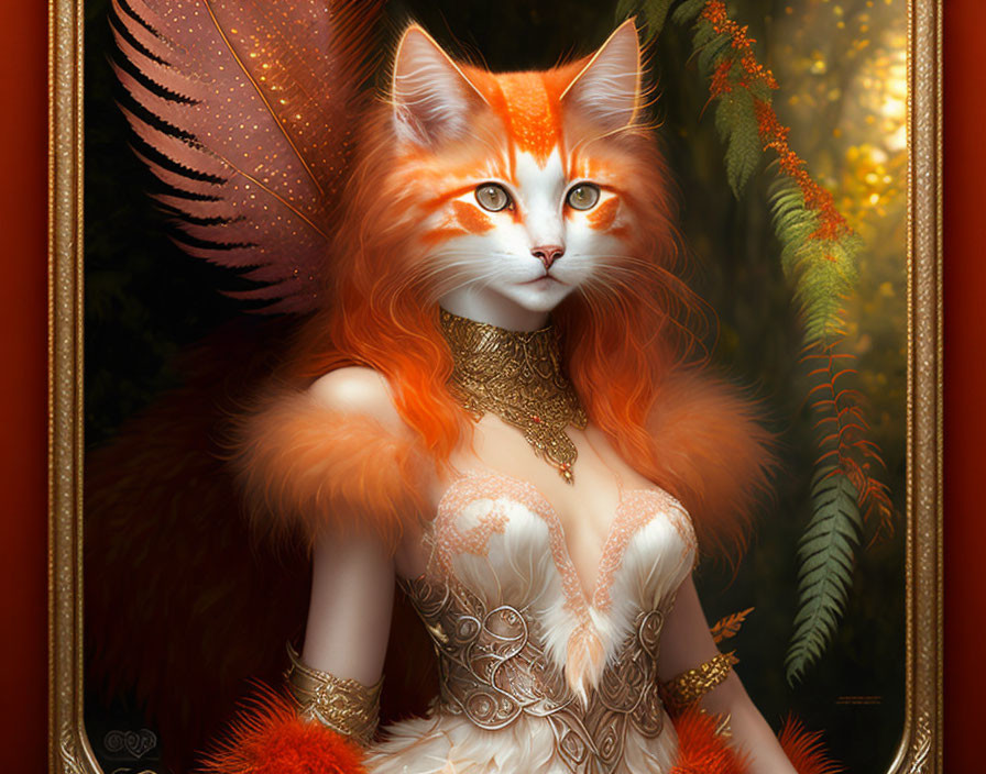 Anthropomorphic cat fantasy art with orange fur and butterfly wings