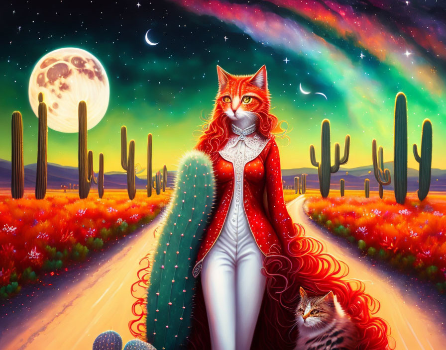 Anthropomorphic cat in red coat in vibrant desert with cacti under starry sky and large