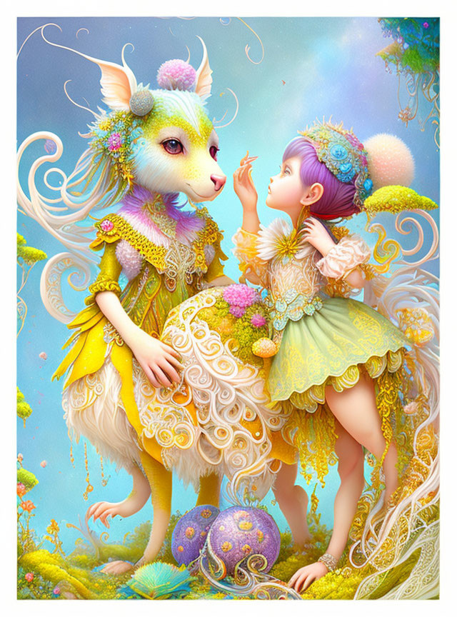 Whimsical illustration of girl and majestic creature in vibrant setting