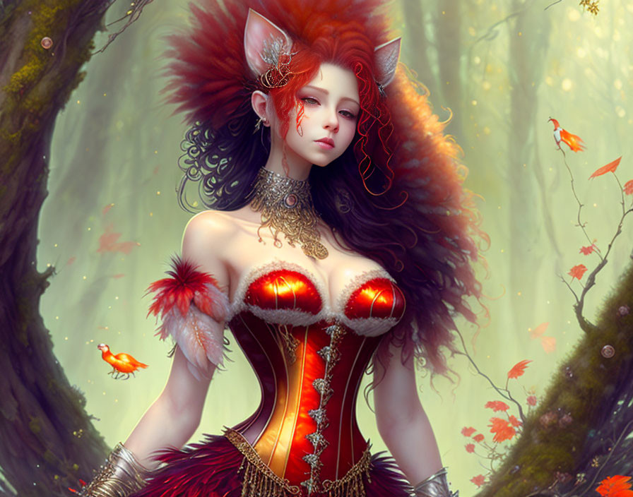 Illustrated female figure in red and gold attire with fox-like ears in enchanted forest.