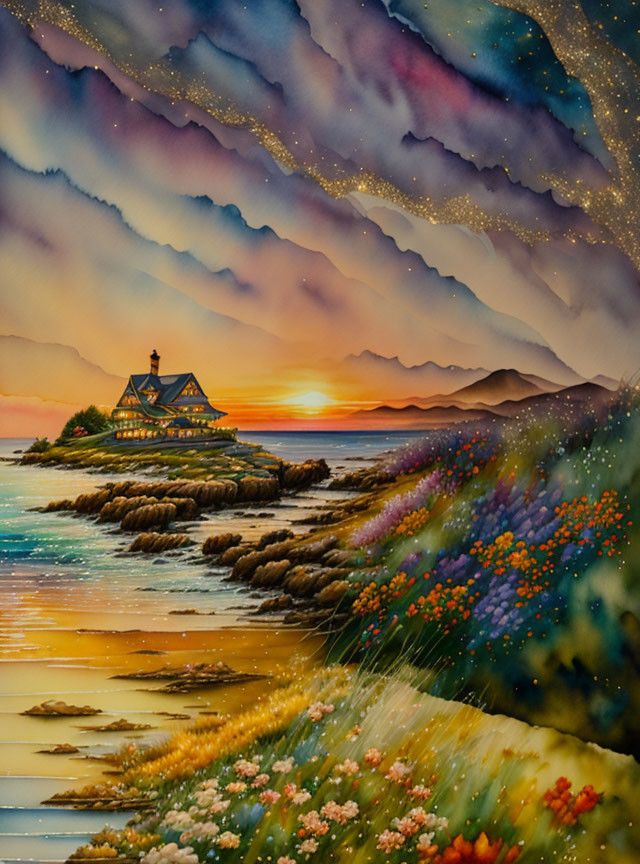 Colorful Watercolor Painting of Sunset Over Tranquil Sea