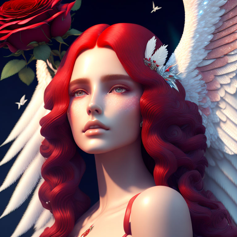 Digital art portrait of woman with red hair, angel wings, rose, and feathers on dark background