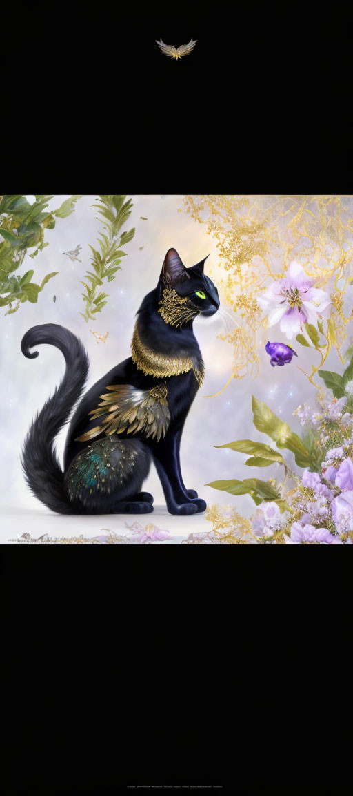 Regal black cat with golden collar in floral setting