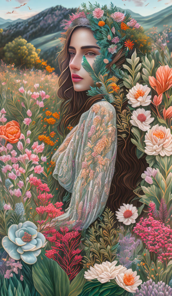 Woman blending with vibrant floral background in serene landscape