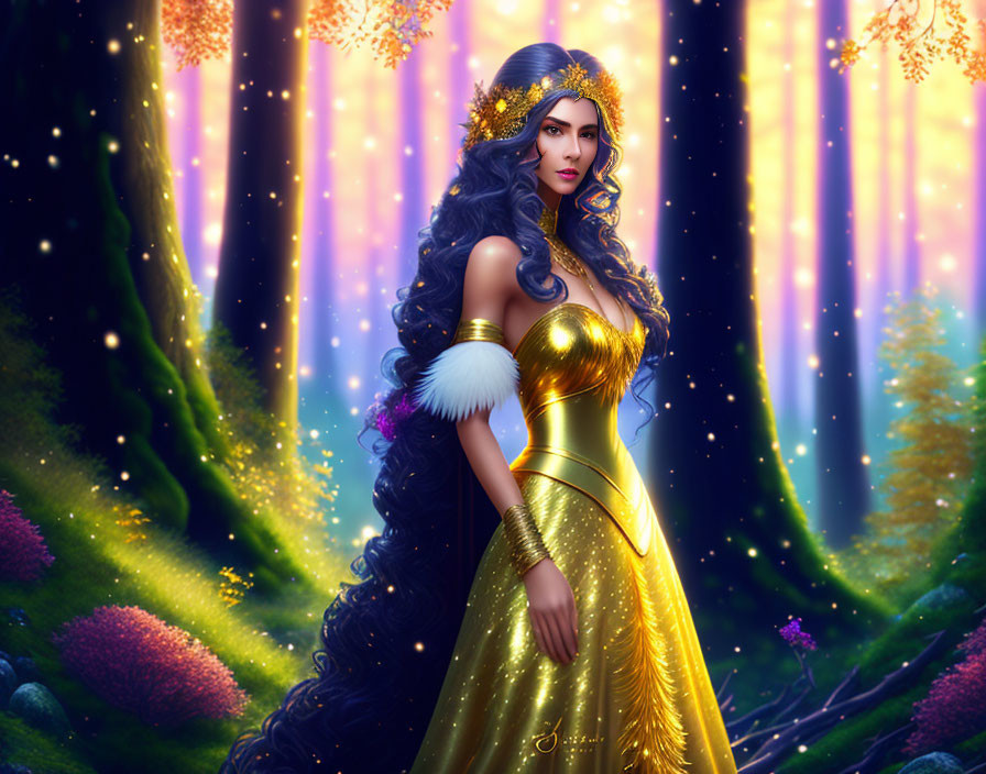 Fantasy digital artwork of a woman in a golden gown in an enchanted forest