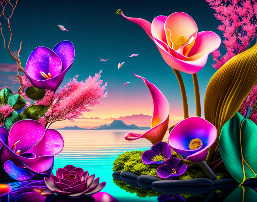 Fantasy landscape with oversized flowers, birds, and serene lake at sunset