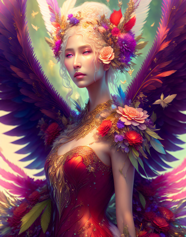 Fantastical female figure with golden accents, red dress, flower headpiece, and vibrant rainbow wings