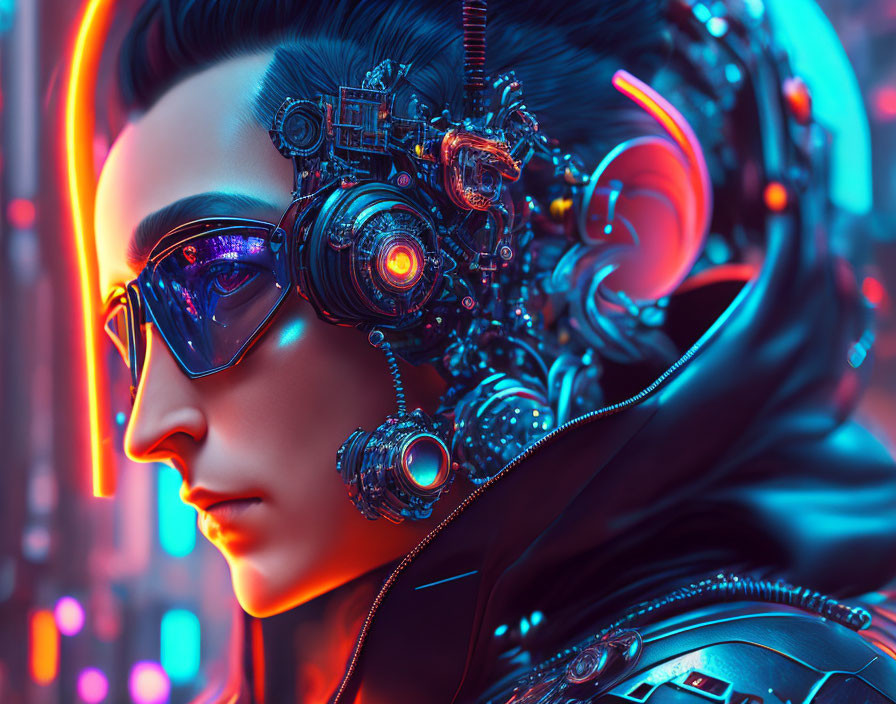 Portrait of a person with cybernetic enhancements and neon accents