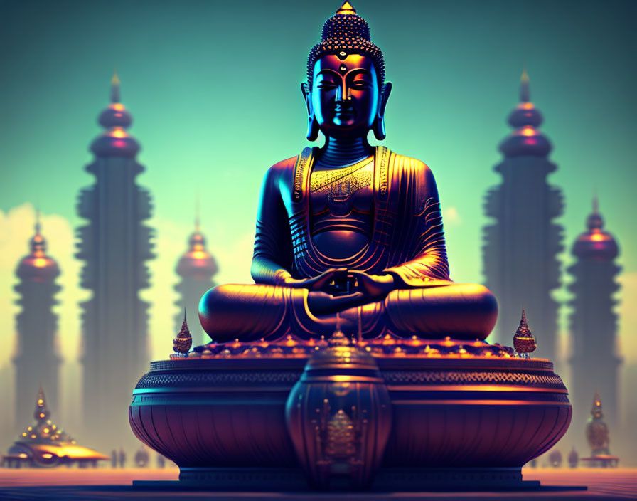 Seated Buddha statue in meditation with ornate details and stylized towers at twilight