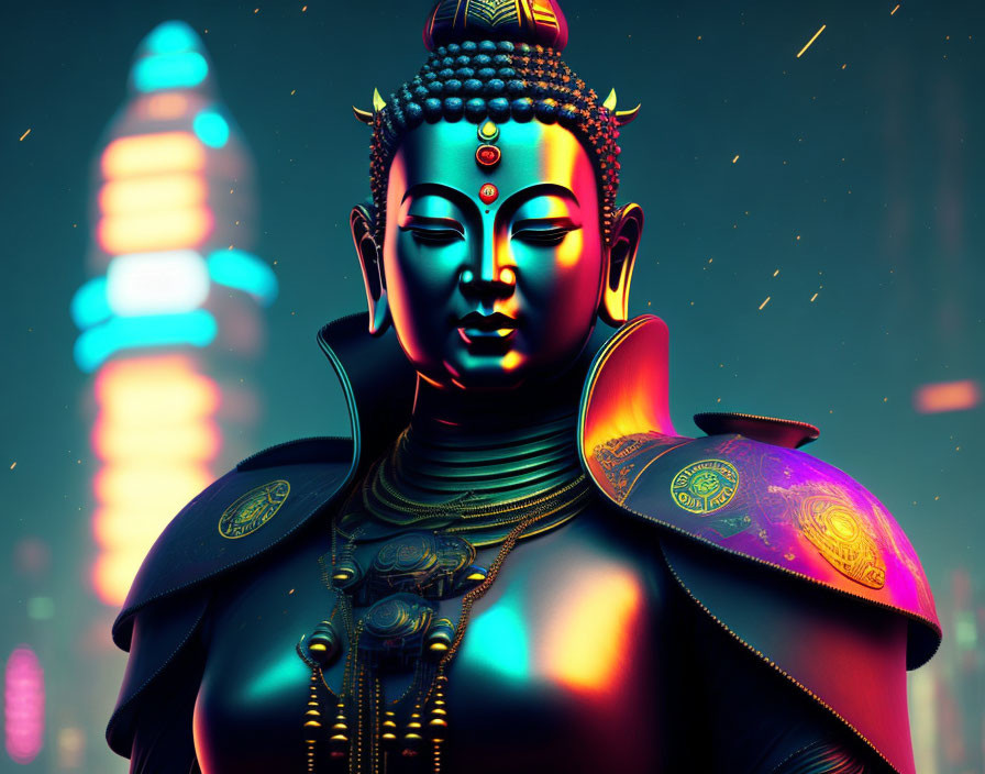 Futuristic Buddha with Neon Highlights and Elaborate Armor