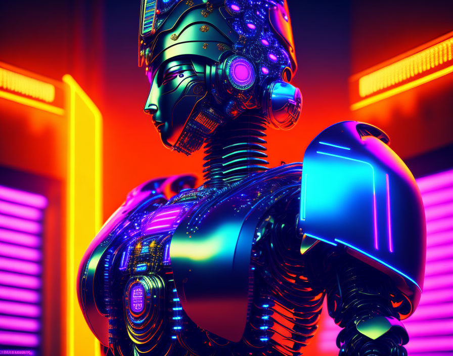 Futuristic female robot in neon blue and orange light