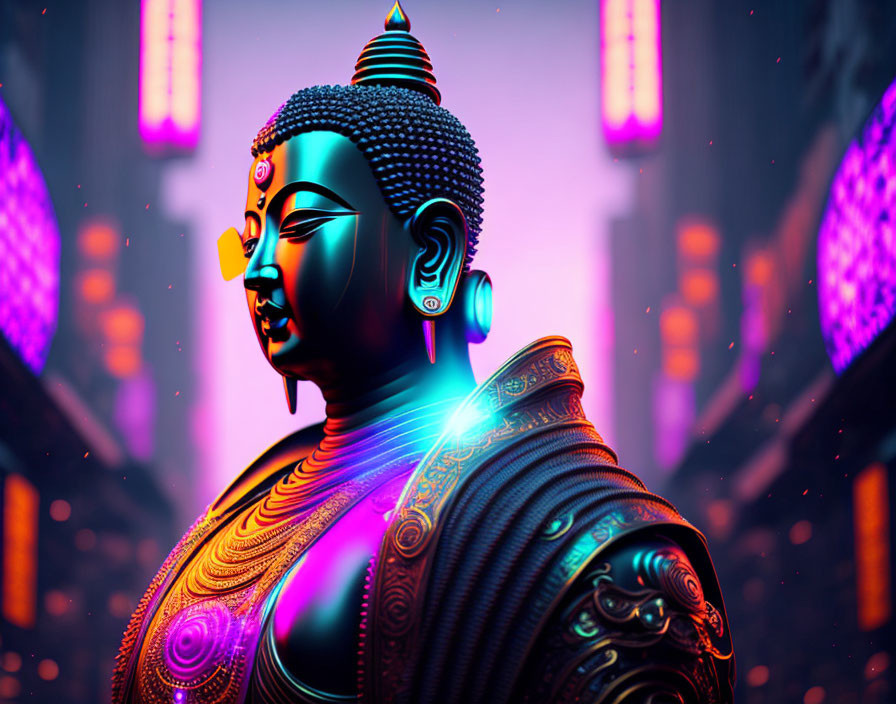 Neon-patterned Buddha statue in futuristic cityscape