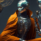 Three humanoid robots in meditative pose with saffron-robed central robot.