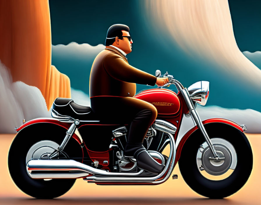 Man riding classic red and black motorcycle on gradient background.