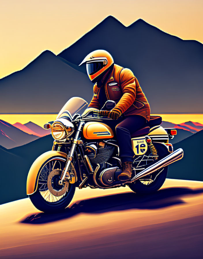 Person in Orange Jacket on Classic Motorcycle Against Mountain Backdrop