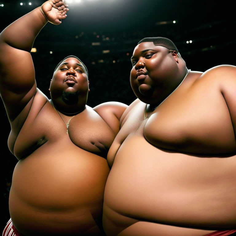 Plus-sized individuals in boxing ring with gloves and dramatic lighting