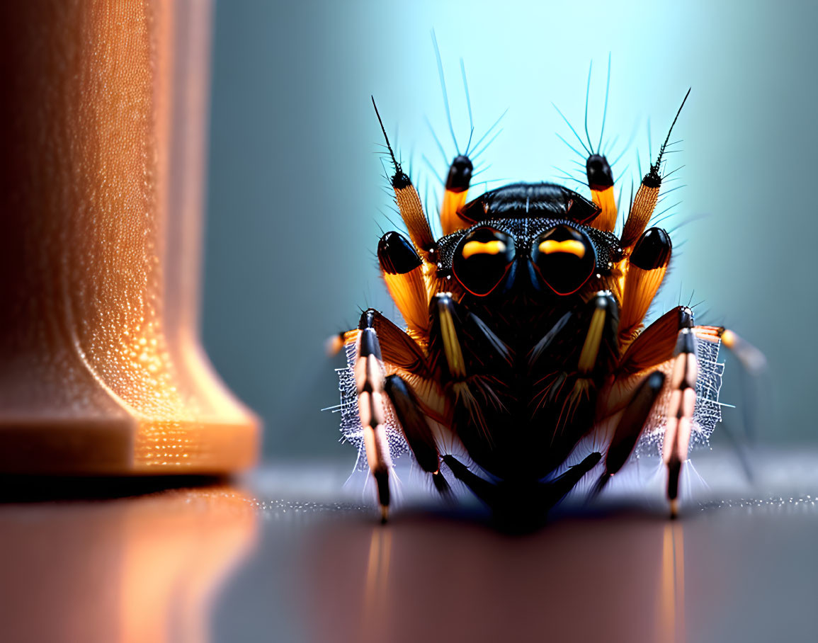 Vibrant black spider with orange markings and multiple eyes in close-up view