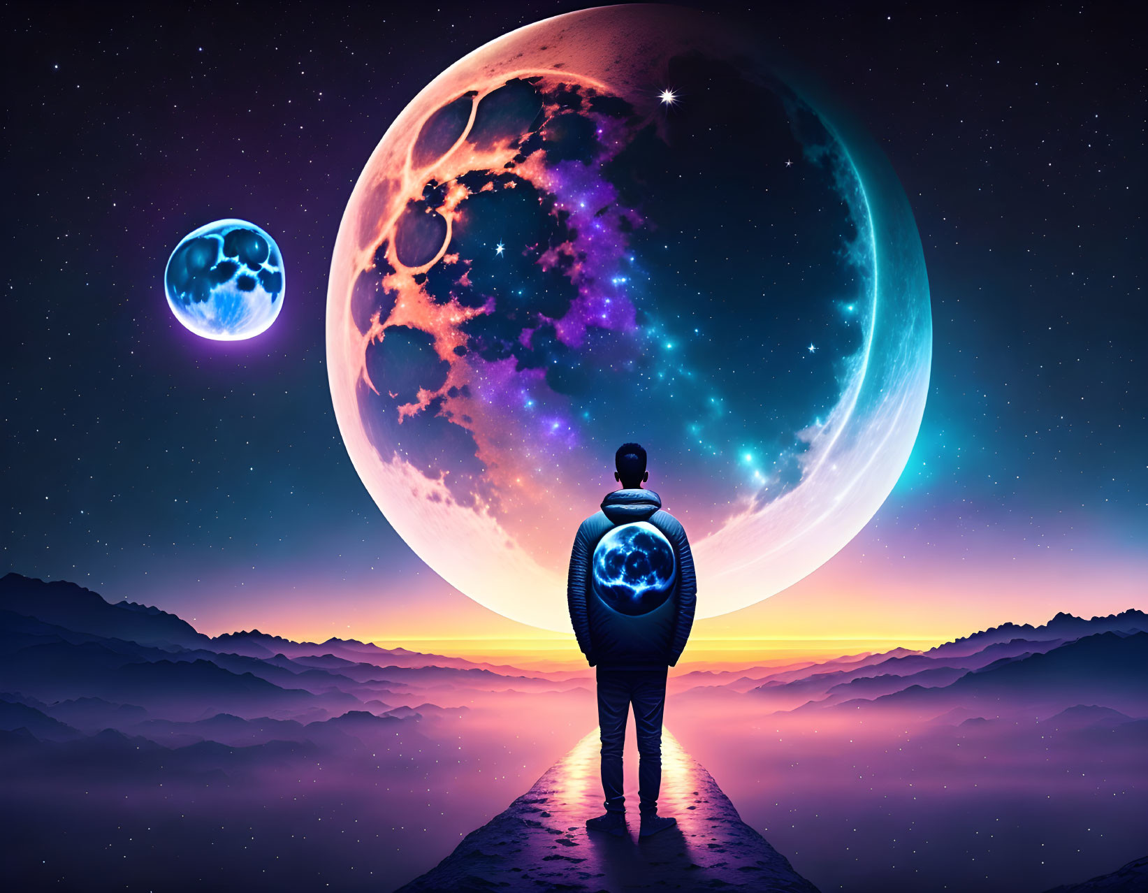 Person in surreal landscape with giant moons and vivid stars.