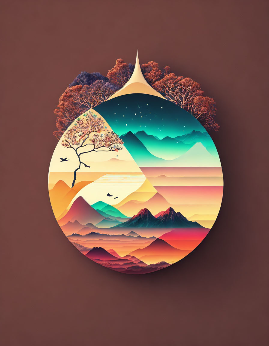 Circular day-to-night landscape illustration with mountains, trees, birds, stars in droplet shape on brown