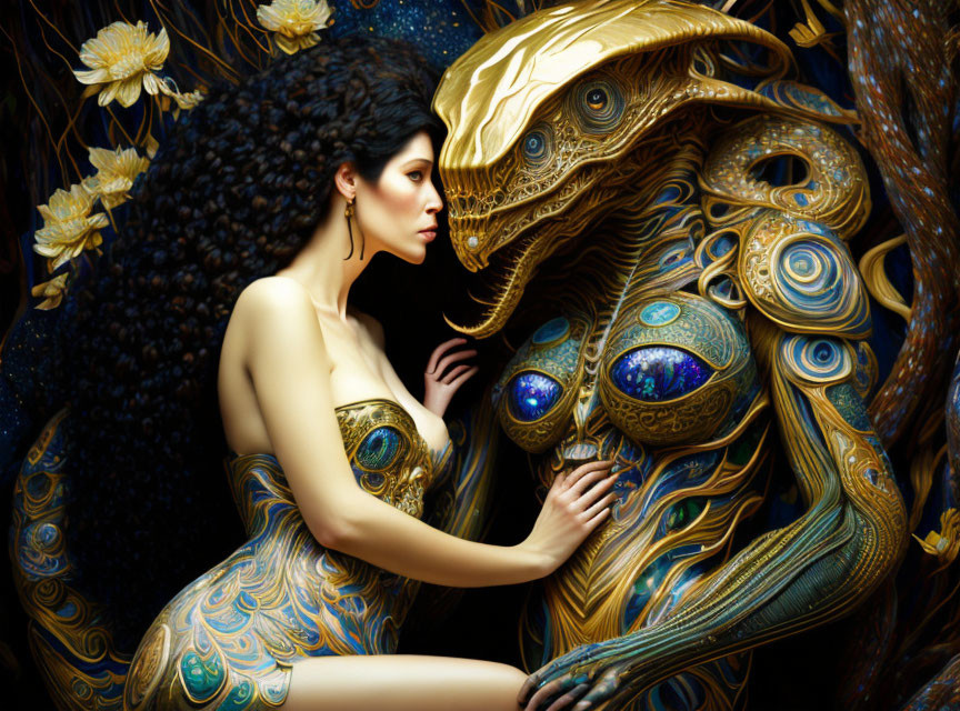 Dark-haired woman in golden, ornate mythical scene