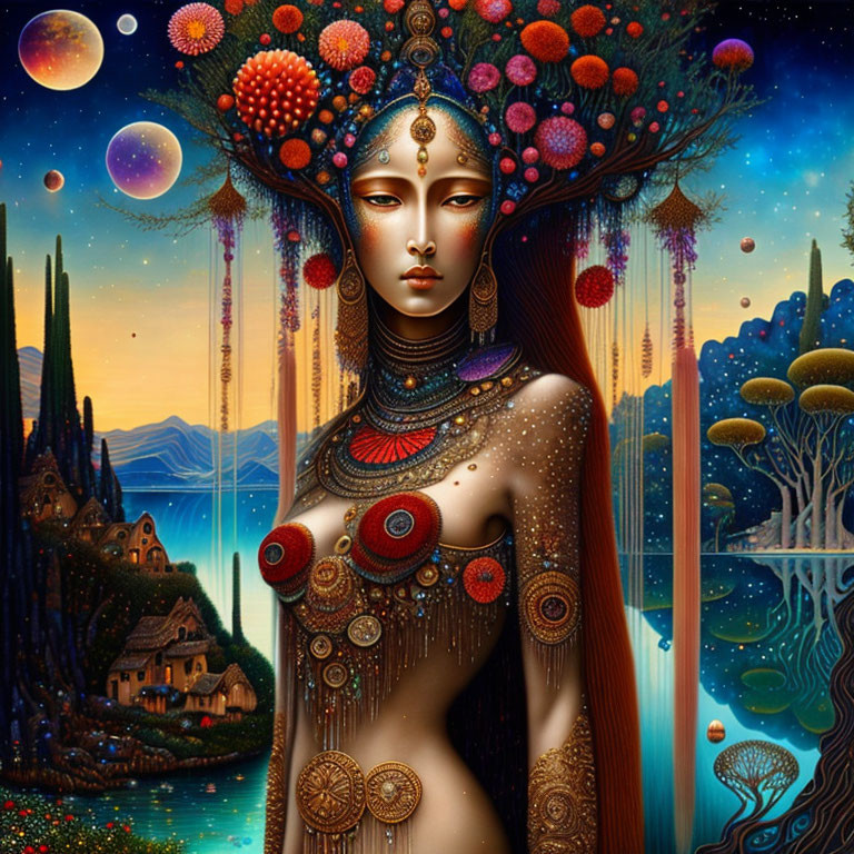 Surrealist portrait of woman with floral celestial headdress in fantastical landscape