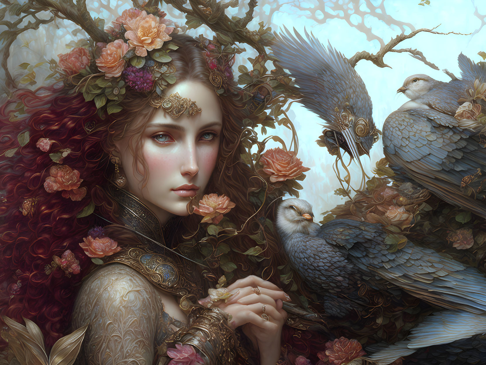 Woman in floral crown with peacocks and lush foliage - mystical elegance