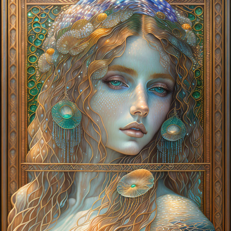 Intricately detailed Art Nouveau-inspired woman portrait with peacock feather motifs