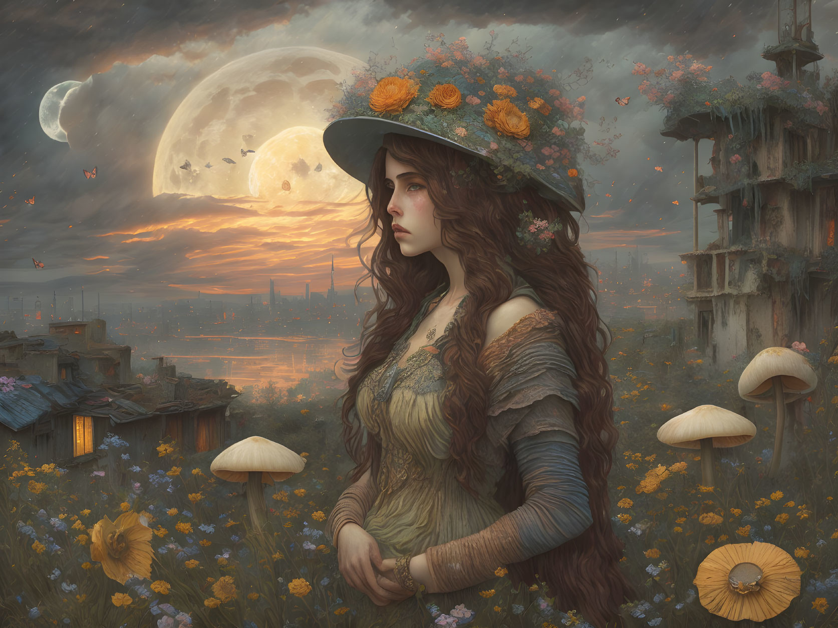 Woman with long hair and floral hat in twilight fantasy scene with moon and mushrooms