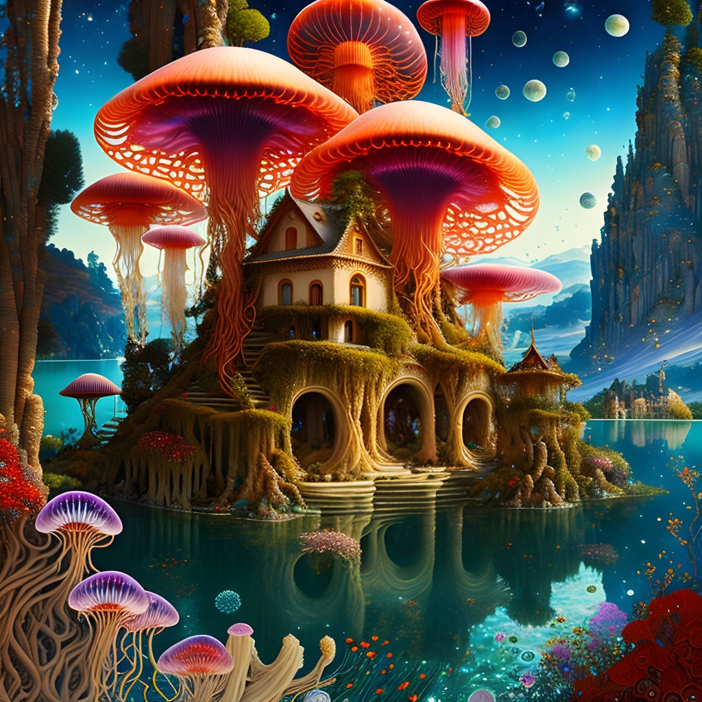 Fantastical landscape with oversized mushrooms, reflective lake, and floating orbs