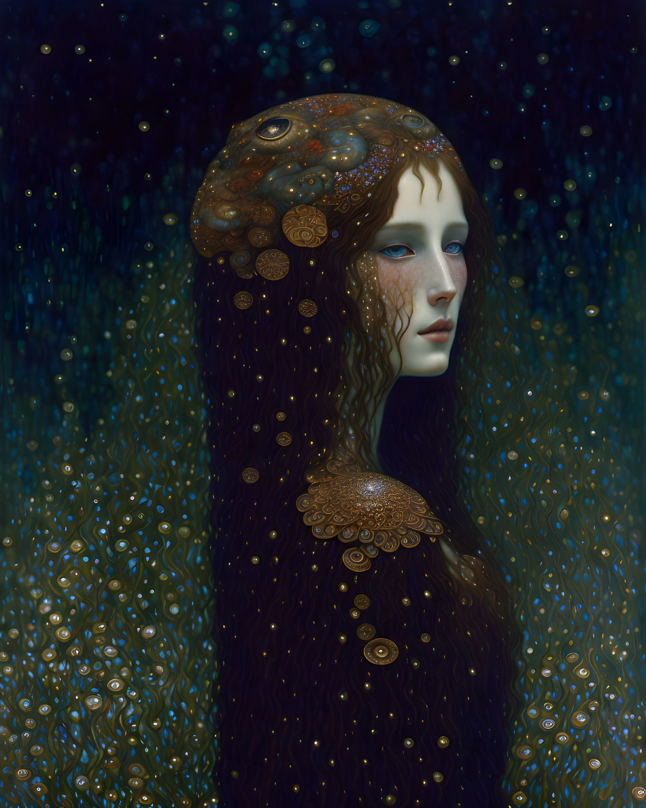 Surreal portrait: woman with dark hair, golden coins, peacock eyes, starry blue