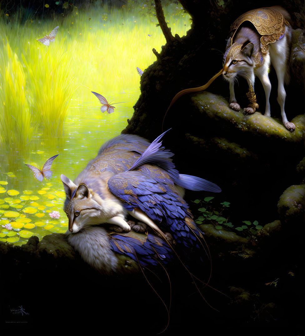 Mystical artwork of feline-bird creatures in lush forest habitat