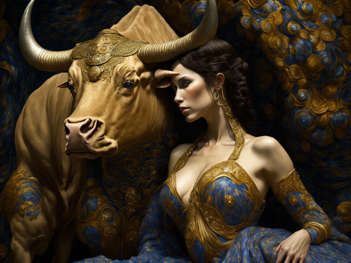 Woman in blue attire with gold designs beside golden-horned bull on swirl-patterned background