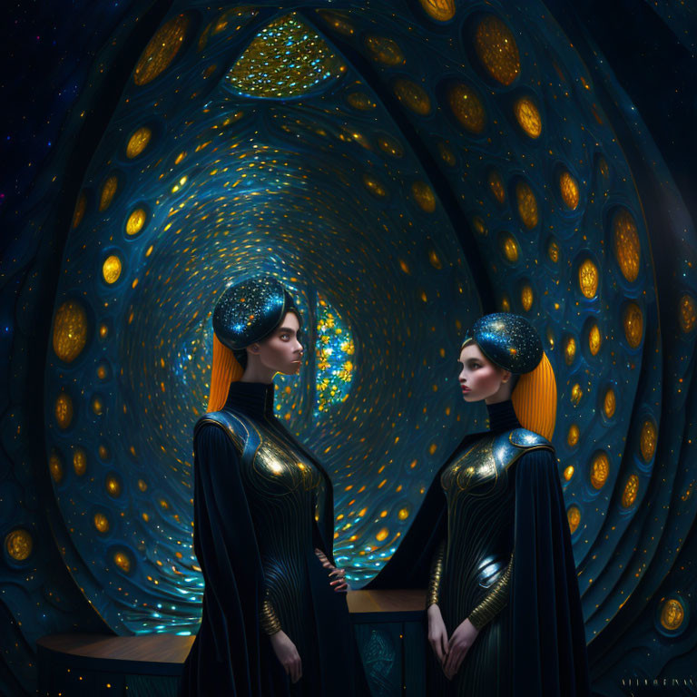 Stylized women in cosmic headpieces in surreal starry tunnel with golden orbs