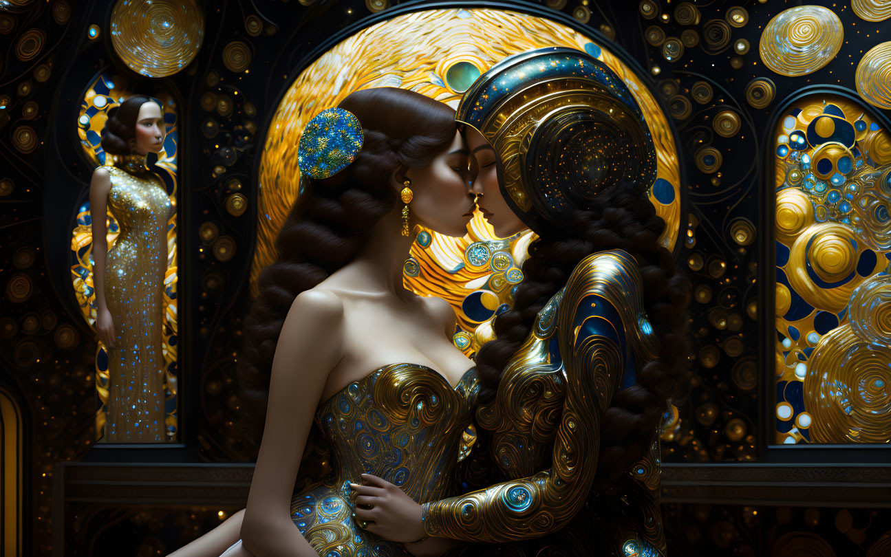 Gold and blue figures in embrace with ornate decorations reminiscent of Gustav Klimt's art