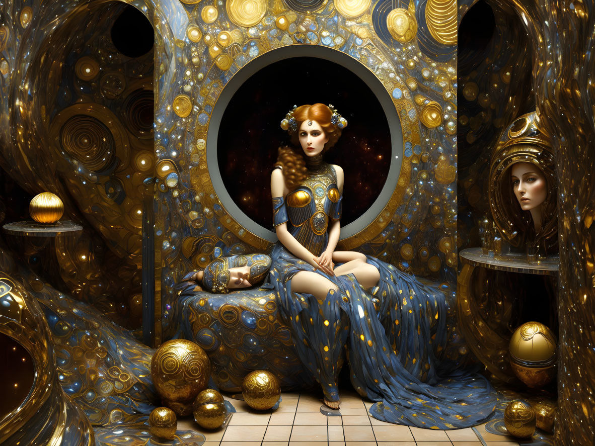 Woman in Van Gogh-inspired art deco setting with starry motifs and golden swirls sitting in circular