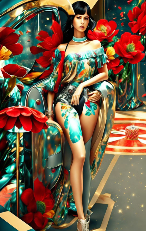 Woman in Colorful Outfit Poses Among Oversized Flowers and Metallic Structures