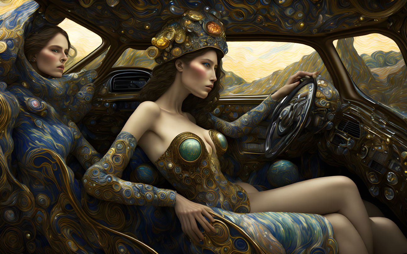 Two women in Van Gogh-inspired outfits inside a stylish car with matching interiors