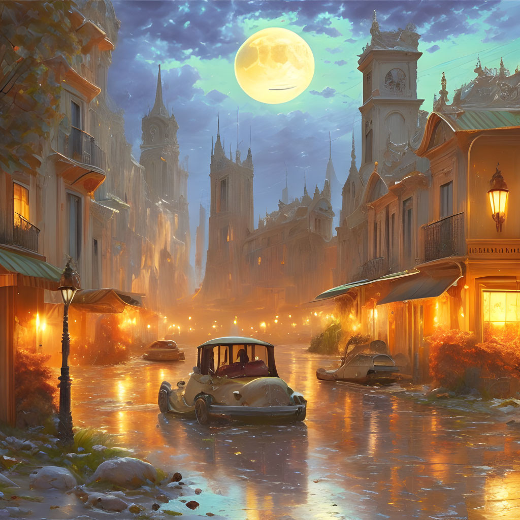 Vintage cars, Gothic architecture, full moon: Dusk street scene ambiance