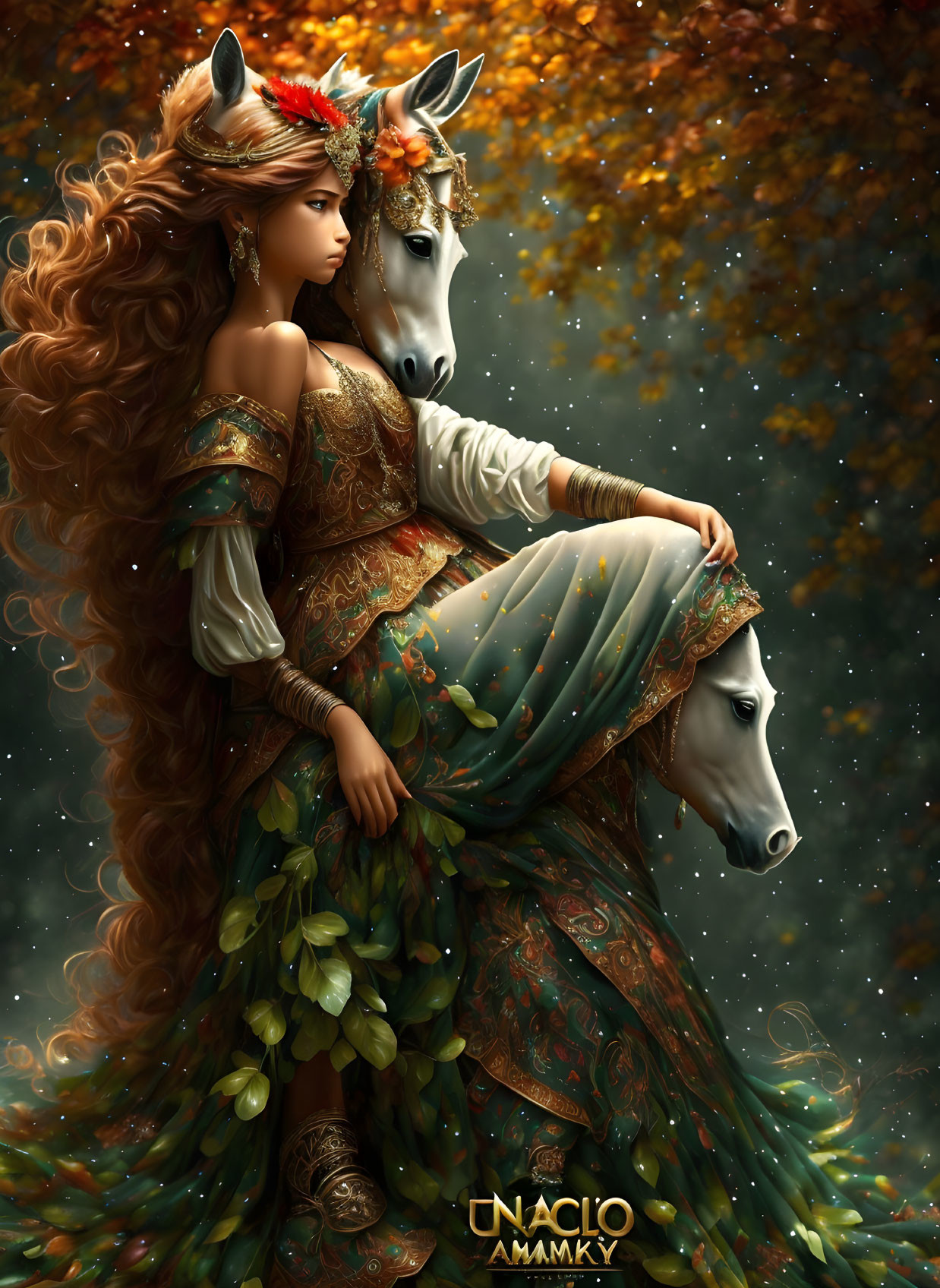 Woman in ornate dress with crown of leaves next to two white horses in autumn setting