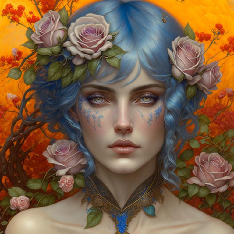 Portrait of a person with blue hair and floral wreath in autumn setting