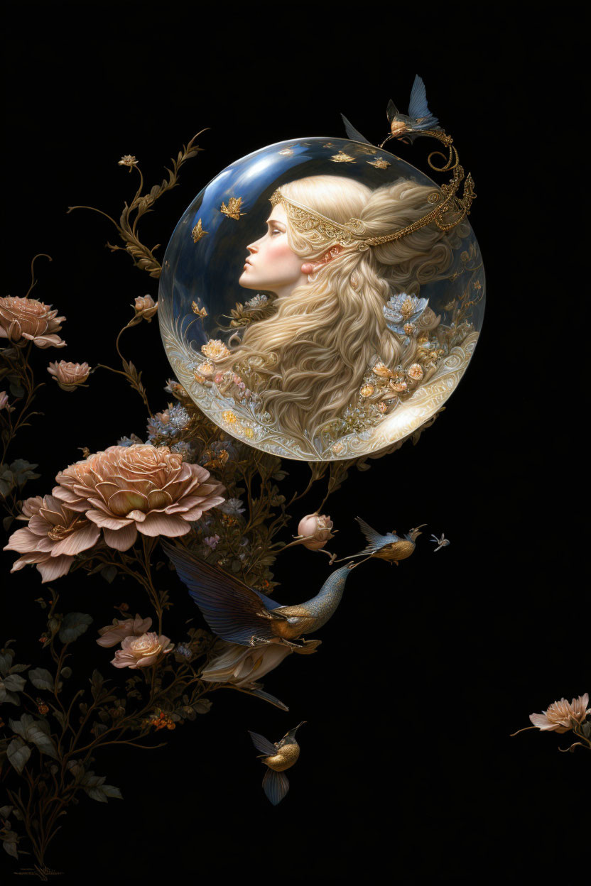 Surreal artwork: woman's face in bubble with flowers, butterflies, bird