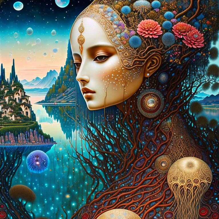 Colorful surreal artwork: Woman's profile with decorative headpiece in fantastical landscape.