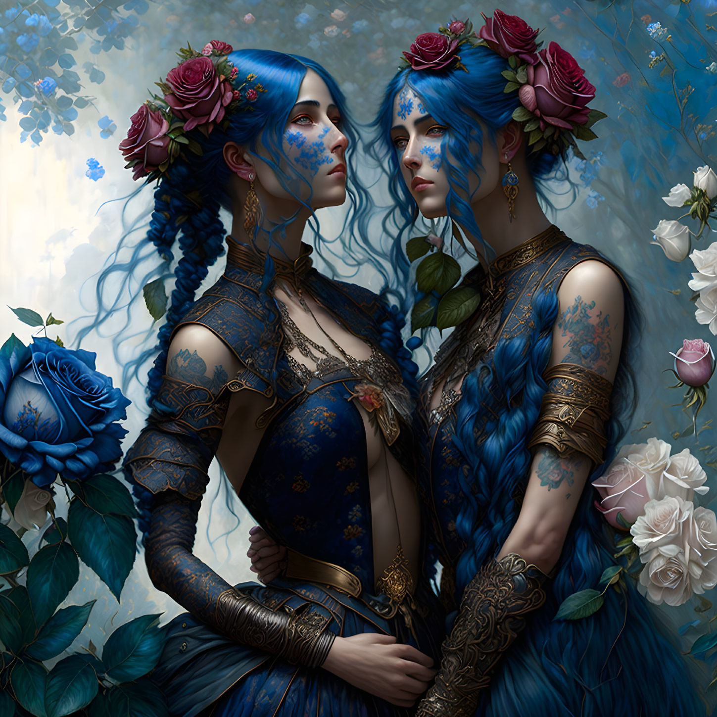 Blue-skinned women with braided hair in embrace amid roses