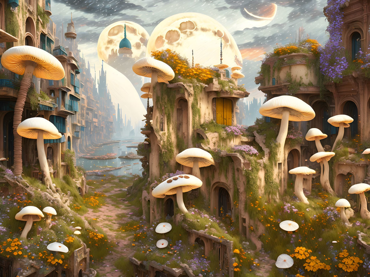 Fantastical landscape with mushroom-shaped houses under multiple moons