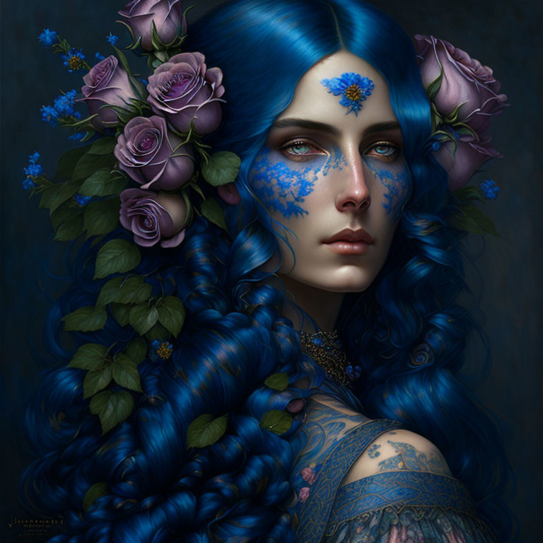 Portrait of Woman with Blue Hair, Purple Flowers, and Floral Tattoos