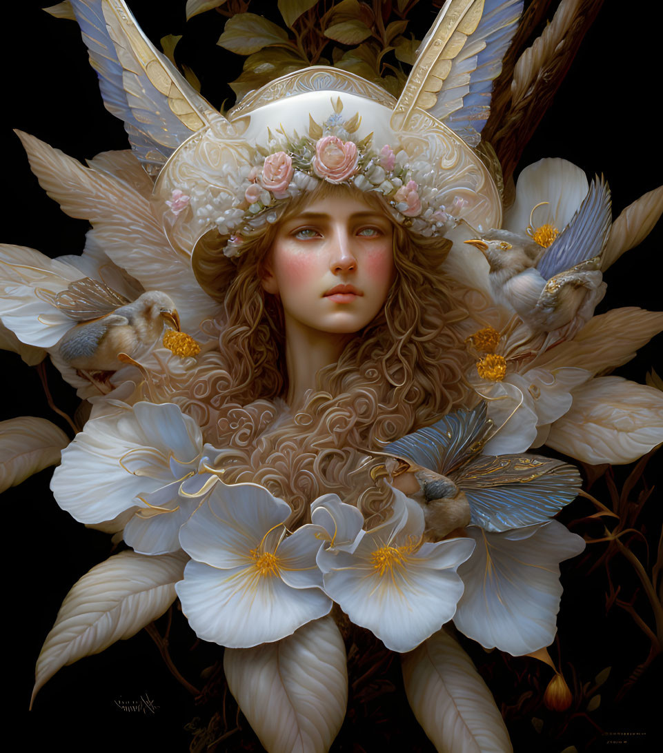 Ethereal figure with floral crown and winged helmet among white flowers and birds on dark background
