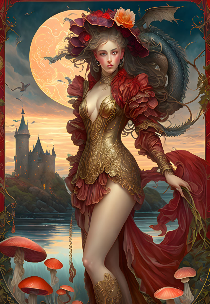 Fantasy illustration of woman in golden corset and red gown with castle and mushrooms under full moon