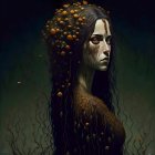 Surreal portrait: woman with dark hair, golden coins, peacock eyes, starry blue