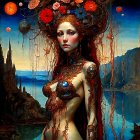 Surrealist portrait of woman with floral celestial headdress in fantastical landscape