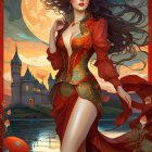 Fantasy illustration of woman in golden corset and red gown with castle and mushrooms under full moon